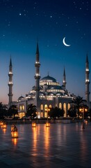 Fototapeta premium A serene night view of a mosque illuminated by crescent moonlight, with glowing lanterns and a peaceful Ramadan atmosphere