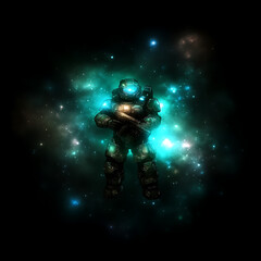 Naklejka premium Armored Futuristic Warrior Standing Guard Among Cosmic Stars and Nebulae in Deep Space Universe.