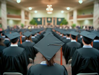 Graduation ceremony graduates in caps and gowns attend the event in a big hall
