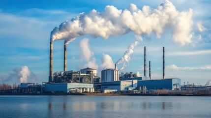 Industrial facility with smokestacks emitting steam and smoke near a body of water.