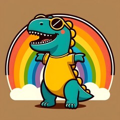 Fototapeta premium Cool Dinosaur with Sunglasses and Rainbow 