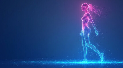 Luminous wireframe figure of a woman walking gracefully in a dark environment with glowing effects