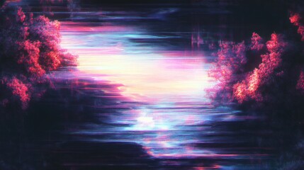 Vibrant Glitch Art Dark Surreal Digital Landscape with Pixel Distortion and Neon Shadows