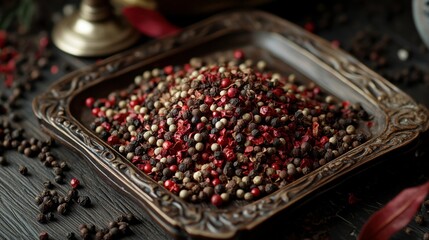 Assorted Colorful Peppercorns on Ornate Dish for Culinary Use