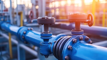 Industrial piping system with valves in a manufacturing facility during sunset.