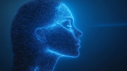 Side profile of a human head constructed from glowing particles against a dark background