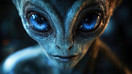 Close Up Portrait of an Alien Creature with Large Expressive Eyes and Intricate Skin Texture Illuminated by Ethereal Blue Light