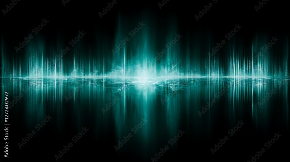Poster audio waveform visualisation in cyan on a dark background creating abstract data graphic effects.