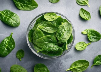 Obraz premium Fresh Spinach Leaves in Glass Bowl on Light Gray Table Top View of Healthy Vegan Food and Ingredients