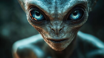 Close-Up Portrait of an Alien with Large Eyes and Intricate Skin Texture Illuminated by Blue Light