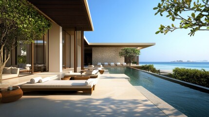 Fototapeta premium Elegant resort patio with infinity pool, designer sun beds, pristine water, and peaceful ambiance. No people no text