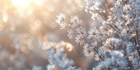 Delicate frost covers small plant branches under a soft diffused winter sunlight creating a serene scene