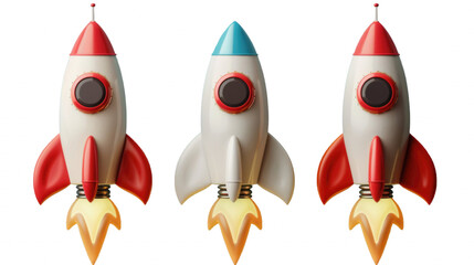 Three colorful cartoon rockets launching into the sky, showcasing vibrant designs and flames