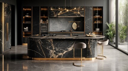 A luxurious open kitchen featuring a properly oriented stove and an elegant island counter