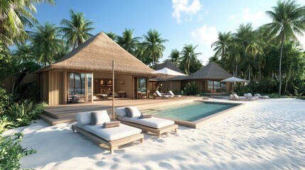 Fototapeta premium Exotic beachfront villa with pristine infinity pool, elegant sun beds, cozy umbrellas, and warm sunlight. No people no text