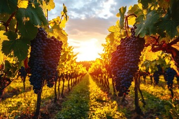 Naklejka premium Grape Harvest in Italian Vineyards under Golden Hour Light