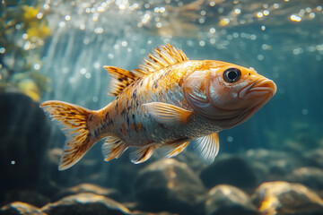 Naklejka premium Golden Serenity, A tranquil underwater portrait of a radiant fish