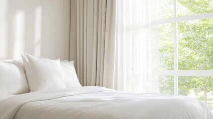 Sunlit bedroom, white bedding, window view, peaceful morning