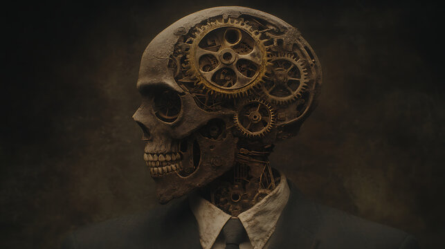 Cogito Ergo Sum Mechanized Skull Conceptual Portrait of Mortality and Intellect Embodied.