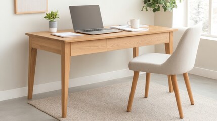 Home office desk with laptop and coffee cup in minimalist, bright, modern, workspace background