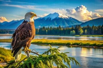 Fototapeta premium Majestic Bald Eagle Perched on Branch, Delta BC, Canada - Panoramic View