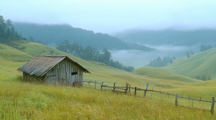 Obraz premium Misty Mountain Solitude: A Rustic Cabin in a Verdant Valley