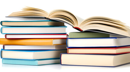 Fototapeta premium Colorful Stacks of Books with Open Book Resting Atop for Educational and Academic Pursuits.