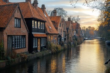 Obraz premium Serene Riverside Scene with Vintage Brick Buildings at Sunset