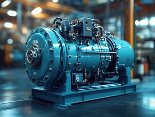 Vibrant Blue Air Compressor in Hyper-Realistic Industrial Setting