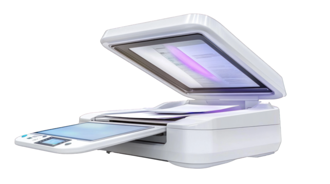 A white printer with a phone on the left side