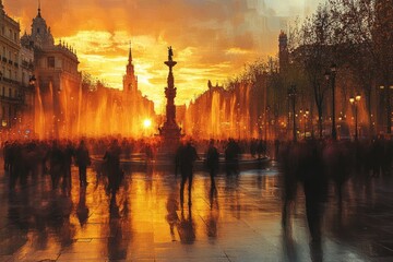 Obraz premium Vibrant Sunset in City Square with Fountain and People in Motion