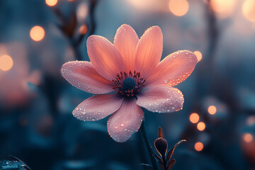 Delicate flower adorned with morning dew, bathed in gentle light