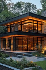 Fototapeta premium Luxurious Modern House Exterior at Twilight with Warm Ambience and Landscaped Garden