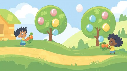 Obraz premium Kids harvesting fruits in an orchard with house and hills in the background for educational materials