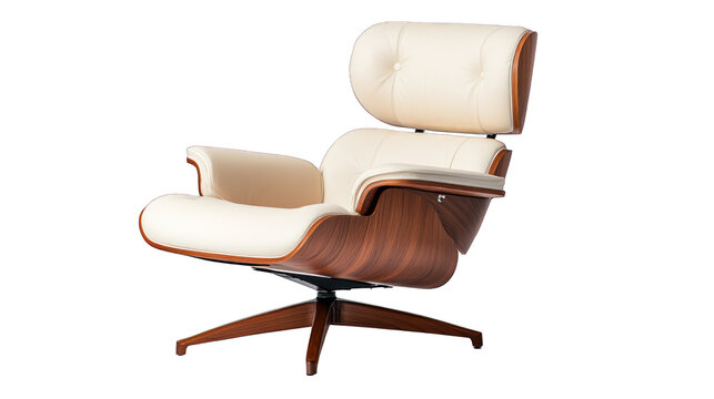 A white chair with a brown wood frame