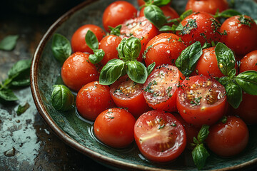Glazed cherry tomatoes adorned with fresh basil on a rustic plate