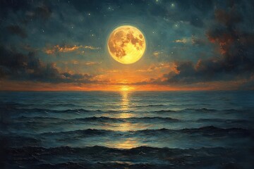Luminous Full Moon Reflecting on Calm Ocean Waves at Night