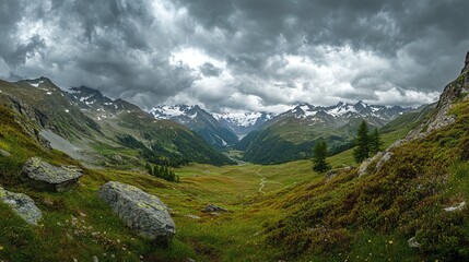 Majestic Mountain Landscape With Dramatic Clouds Over a Lush Green Valley in Summer