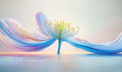 Obraz premium A delicate, ethereal flower with flowing petals and vibrant colors reflecting on a serene surface