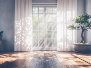Fototapeta premium Light shines through window on indoor bonsai tree in sunlit room, for peaceful home decor