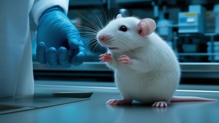 White laboratory mouse with scientist hand in research facility