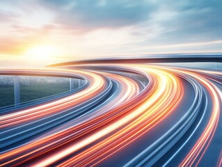 Light trails on curved freeway at sunset represent fast transit, future travel, and innovation