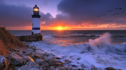 Naklejka premium Lighthouse at sunset, waves crashing on rocky shore, birds flying. Stock photo for travel
