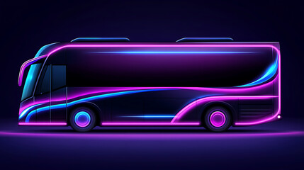 Cyberpunk Style Bus with Glowing Neon Light Accents and Dark Background Futuristic Transport Concept.