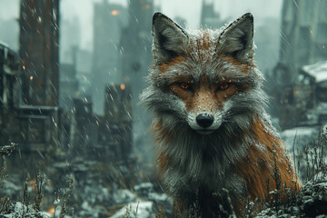 Fox Vigil in Snow-Veiled Ruins, A Symbol of Resilience and Survival