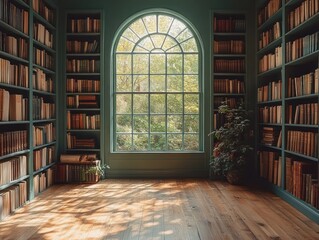 serene library interior with large windows and wooden floor