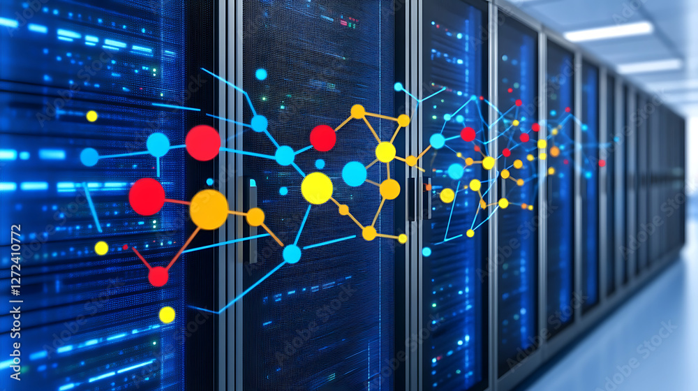 Poster data center network connectivity and flow visualization in server room environment depiction.