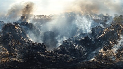 Fire Engulfs Forest Landscape With Thick Smoke Swirling From Charred Earth in the Afternoon Light