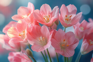 Fototapeta premium Delicate Pastel Petals, A Bouquet of Pink Flowers Against Azure Skies