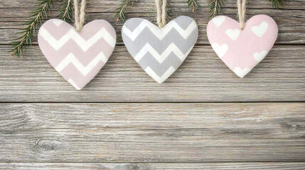 Fototapeta premium Decorative Heart Ornaments Hanging on Rustic Wooden Background with Evergreen Sprigs Winter Season.